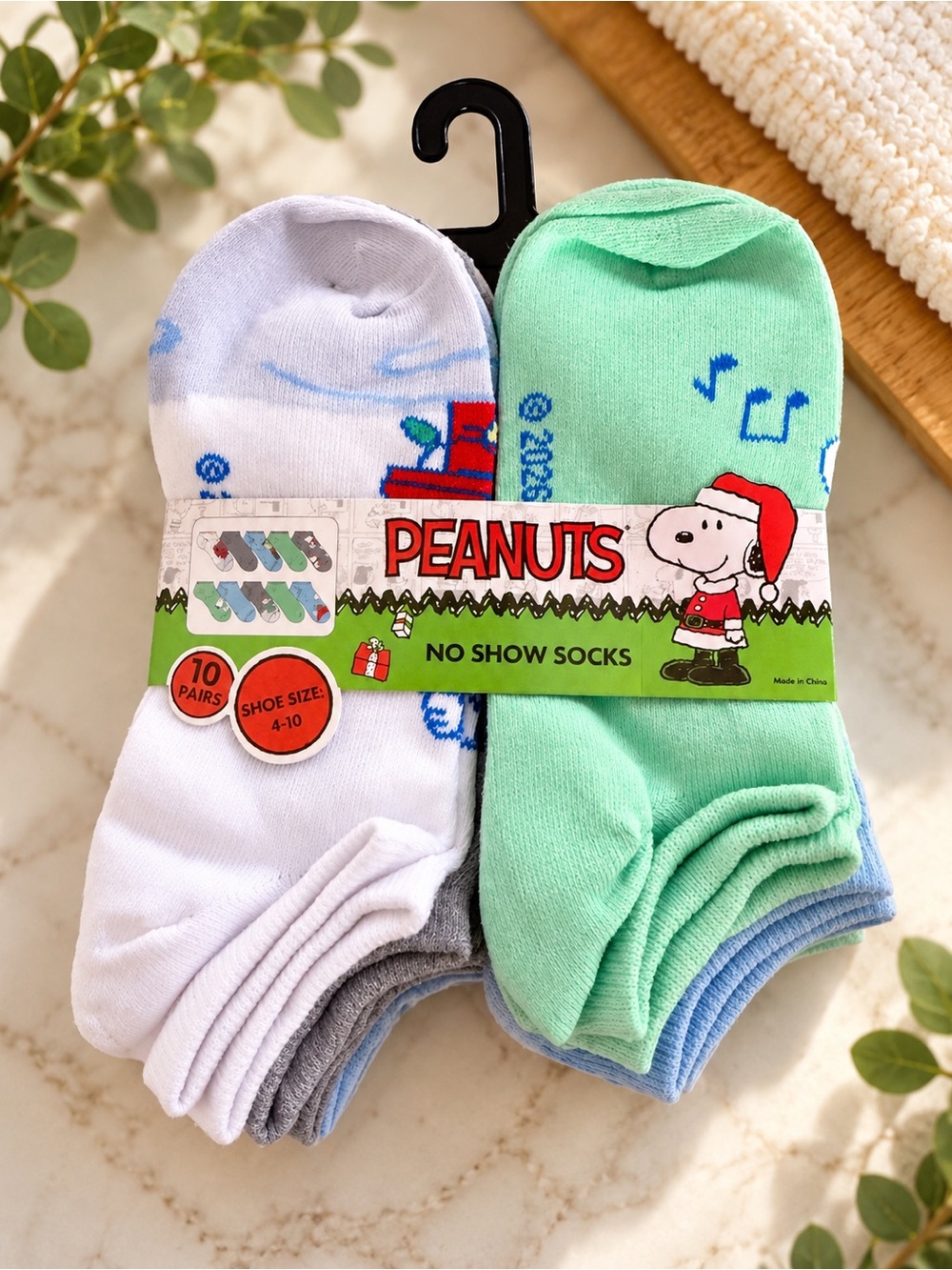 Peanuts Christmas No-Show Socks - White, Mint & Gray - 10 Pairs